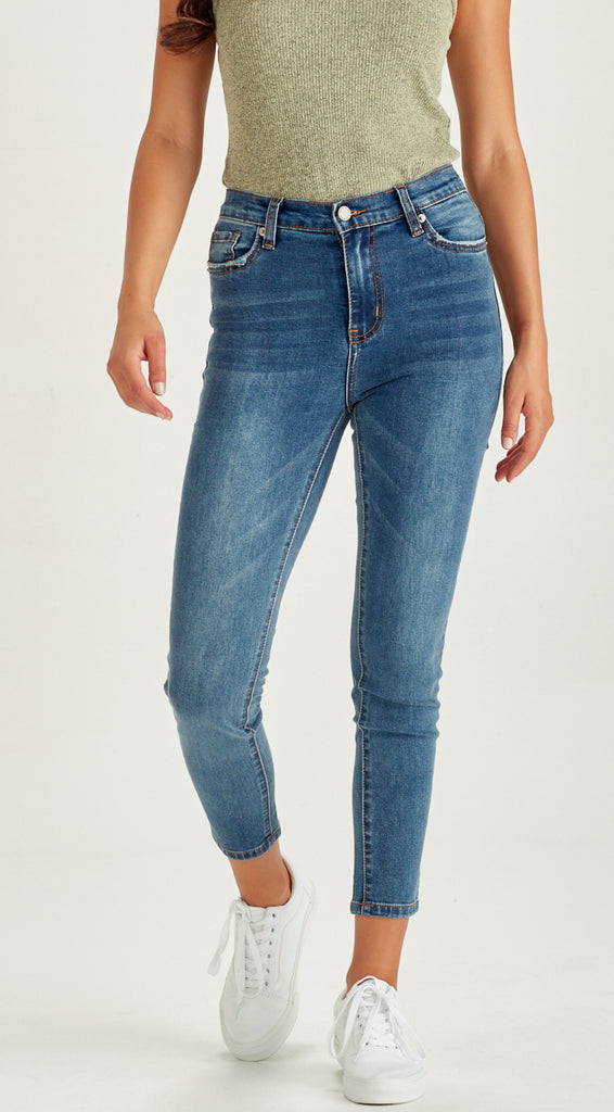 Blue short length stretch denim jean