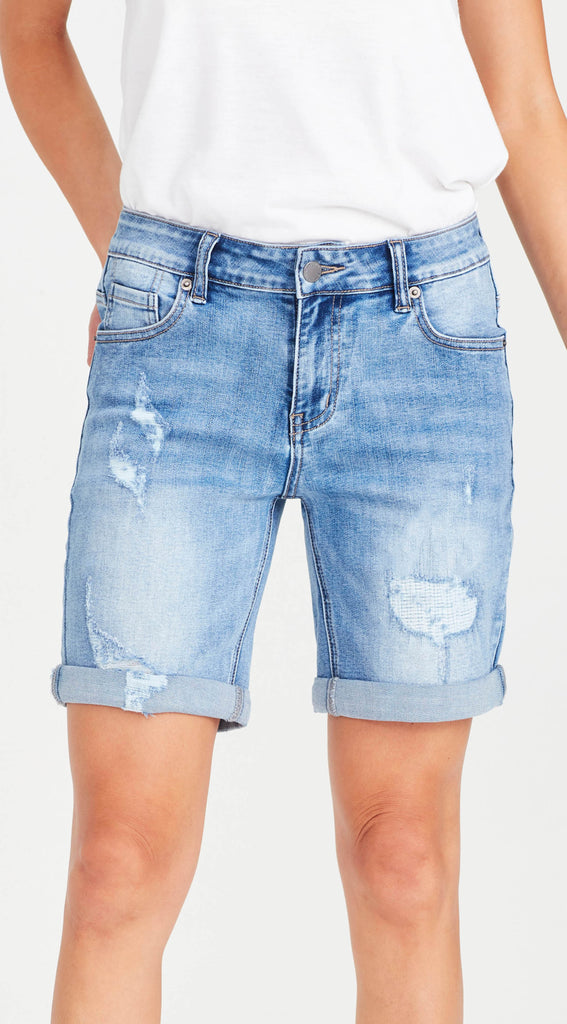 long ripped blue denim shorts