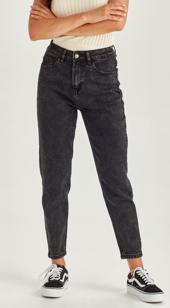 black stretch denim short length mom jean