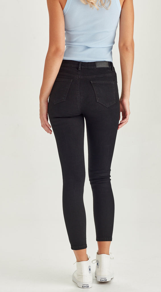 ripped skinny mid length black jean