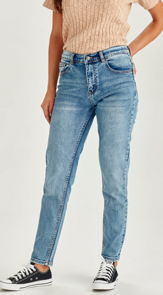 Blue stretch denim straight mid length jean