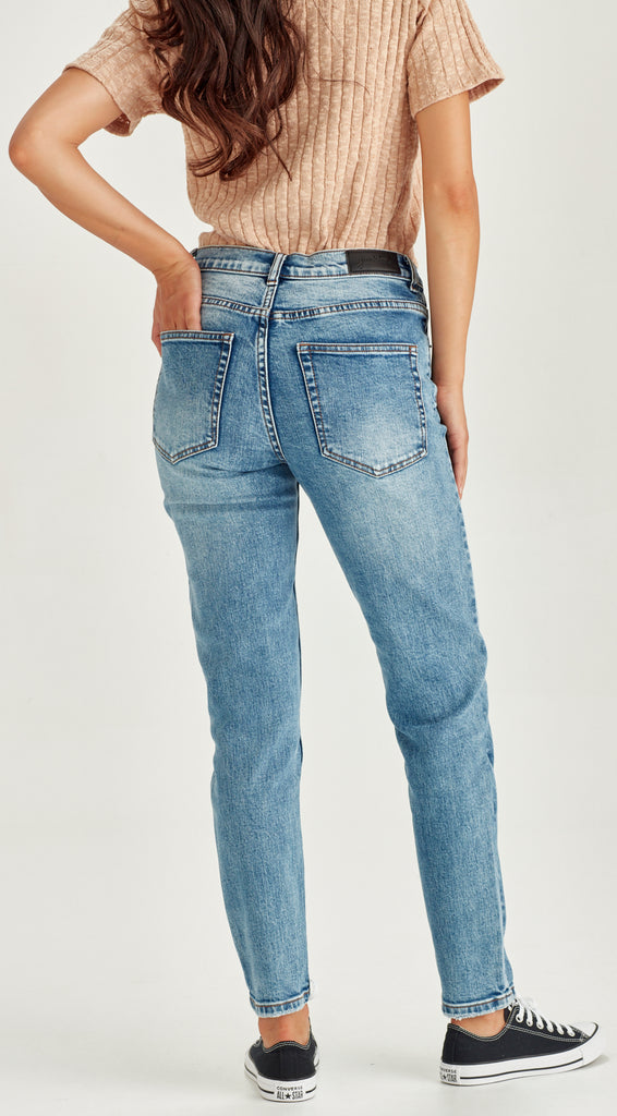 Blue stretch denim straight mid length jean