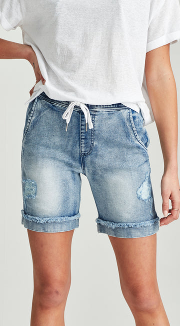 Long blue stretch denim short