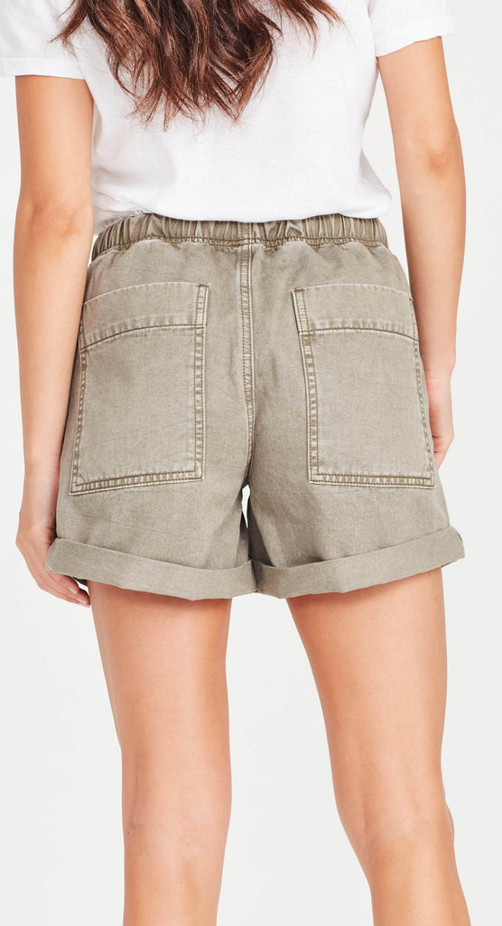 long short elastic waist khaki denim short