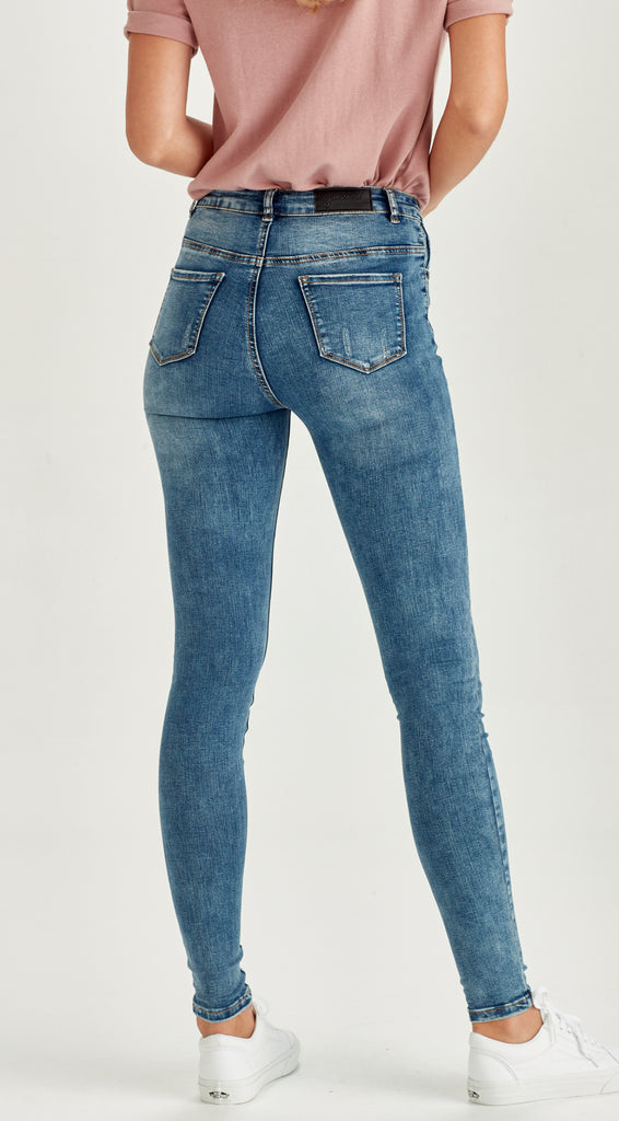 skinny ripped long length blue jean