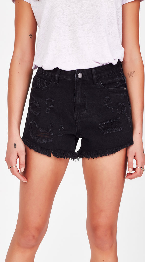 black ripped denim short